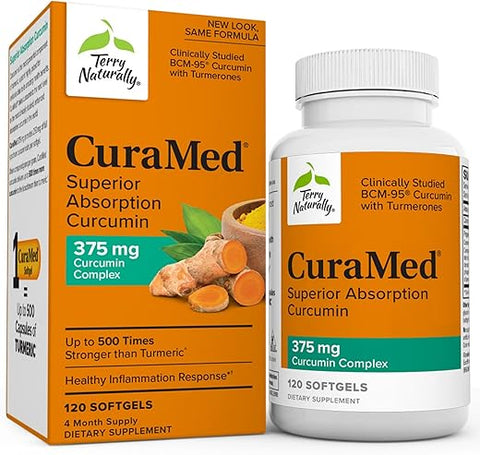 CuraMed 375 mg Complexo de Curcumina – 120 Softgels – Absorção Superior BCM-95 – Não-OGM, Sem Glúten, Halal – 120 Porções - Terry Naturally