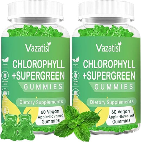 Vazatisi - 2 Pacote Gomas de Clorofila com Superalimentos Orgânicos, Antioxidante Natural, Combate ao Odor Corporal, Estímulo Energético, Suporte Imunológico, Digestão, Cuidados com a Pele, Mulheres
