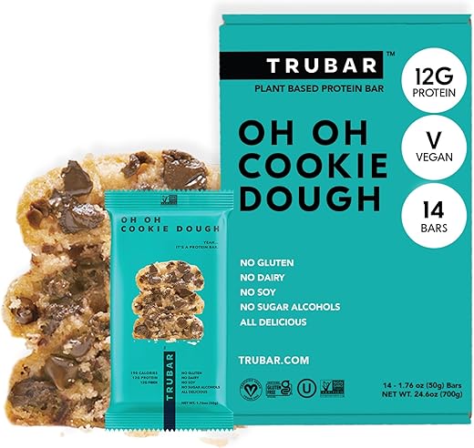 Barra de Proteína Vegana, Sabor Cookie Dough, Sem Glúten, Proteína à Base de Plantas, Sem Laticínios, Não Transgênico, Sem Soja, Sem Álcoois Açucarados, 12g de Proteína, 13g de Fibra, 23g de Carboidratos, Saudável e Delicioso - TRUBAR