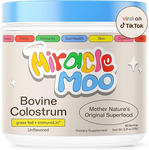 Miracle Moo - Suplemento de Colostro para Saúde Intestinal, Crescimento Capilar, Beleza e Suporte Imunológico – Pó Bovino de Pasto Fácil de Misturar – Maior IgG Plus ImmunoLin, Sem Sabor, 60 Porções