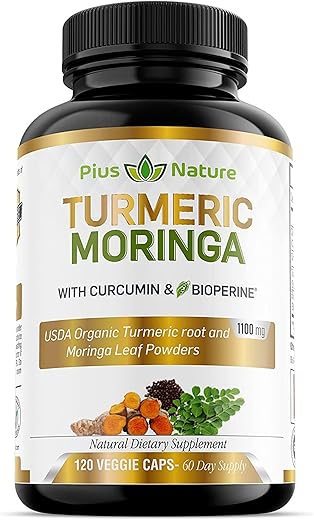 PIUS NATURE - Turmeric Moringa – Cápsulas Vegetais Orgânicas de Cúrcuma Curcumina e Pó Orgânico de Moringa – 120 Cápsulas Veggie para Mulheres e Homens