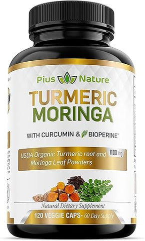 PIUS NATURE - Turmeric Moringa – Cápsulas Vegetais Orgânicas de Cúrcuma Curcumina e Pó Orgânico de Moringa – 120 Cápsulas Veggie para Mulheres e Homens