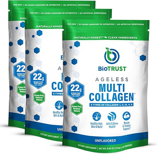 Ageless Multi Colágeno em Pó – 5 Tipos (I, II, III, V, X) – Sem Sabor para Mulheres – Marca BioTrust - BioTrust