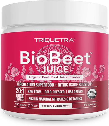 Triquetra Health - BioBeet® Max Força Pó de Suco de Beterraba – Concentrado 20:1, Cada Porção Derivada de 60.000 mg de Beterraba Orgânica – Extraído a Frio, Cultivado nos EUA – Óxido Nítrico, Circulação