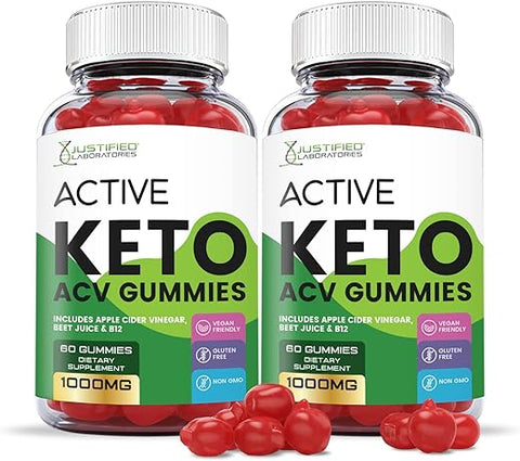 2 Pack Active Keto ACV Gummies 1000MG com Suco de Romã, Beterraba e Vitamina B12 – 120 Gummys - Justified Laboratories