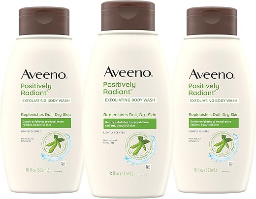 Positively Radiant Body Wash Esfoliante com Extrato de Soja, Limpeza Corporal Levemente Perfumada para Renovar a Pele Opaca e Seca - Aveeno