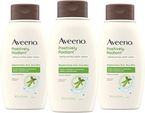 Positively Radiant Body Wash Esfoliante com Extrato de Soja, Limpeza Corporal Levemente Perfumada para Renovar a Pele Opaca e Seca - Aveeno