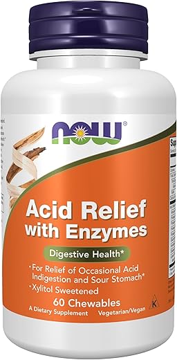 Suplementos, Alívio Ácido com Enzimas, Adoçado com Xilitol, Saúde Digestiva*, 60 Chewables - NOW Foods