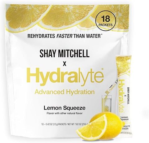 Shay Mitchell – Pó de Eletrólitos com Baixo Teor de Açúcar para Reidratação Rápida – Sabor Limão | Essencial para Viagens, Exercícios e Recuperação (18 pacotes) - Hydralyte