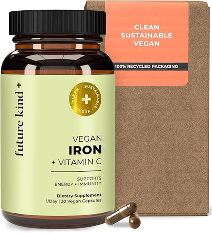 Vegan Iron Supplement with Vitamin C (30 Cápsulas de Ferro) em Frasco de Vidro – Suplemento de Ferro Vegano com Vitamina C para Energia e Concentração - Future Kind
