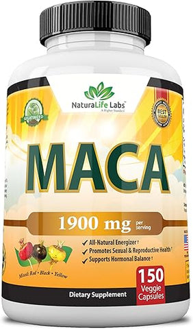 NaturaLife Labs A Higher Standard - Maca Orgânica em Cápsulas Veganas – Raiz Preta, Vermelha, Amarela 1900 MG por Porção – 150 Cápsulas Gelatinizadas de Maca Peruana 100% Pura e Não-OGM – Suporte à Saúde Reprodutiva e Energia Natural