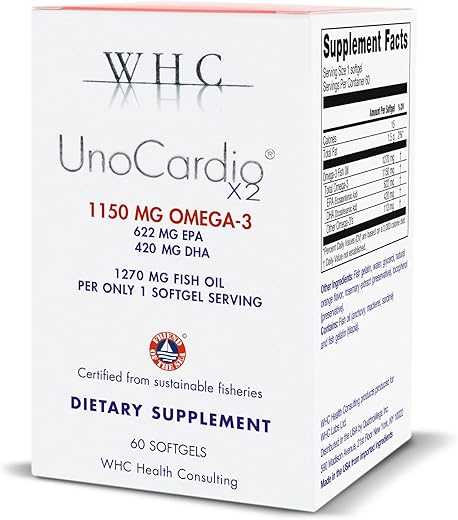 UnoCardio X2 Ômega-3 Triglicerídeos de Ácidos Graxos de Peixe, 1270 mg Suplemento de Óleo de Peixe (622 mg EPA / 420 mg DHA / Total 1150 mg de Ômega-3 por Porção), Laranja Natural, 60 cápsulas - WHC