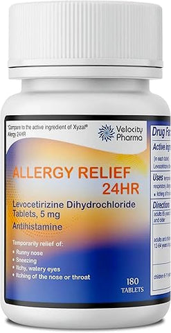 Velocity Pharma - Levocetirizina Dicloridrato 5mg Comprimidos, Alívio de Alergia por 24 Horas, Antialérgico Não Sonolento, 180 Unidades
