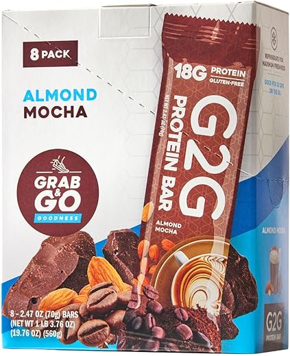 Barra de Proteína G2G, Amêndoa Mocha, Ingredientes Naturais, Refrigerada para Frescor, Lanche Saudável, Substituto de Refeição Delicioso, Sem Glúten, 8 Unidades (Embalagem com 8)