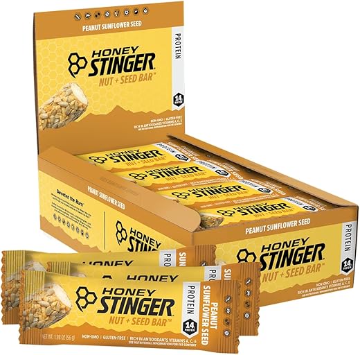 Barra de Sementes e Nozes Honey Stinger | Amendoim e Girassol | Alimento Rico em Proteínas para Exercícios, Resistência e Desempenho e Recuperação | Barra de Lanche Nutricional Esportivo para Casa