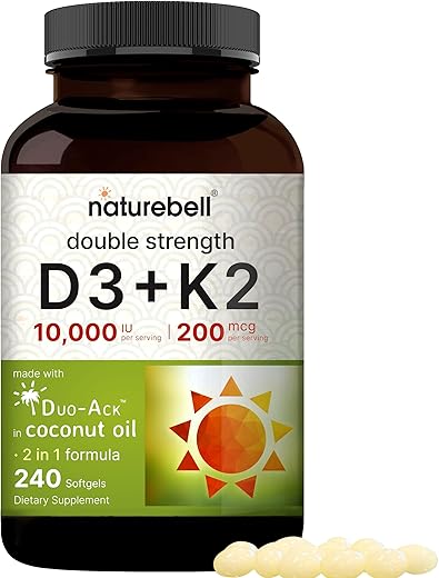 Vitamina D3 K2 (10.000 UI Vitamina D 200mcg Vitamina K MK-7) 240 Softgels com Óleo de Coco para Absorção Completa | Osso, Coração, Imunidade - NatureBell