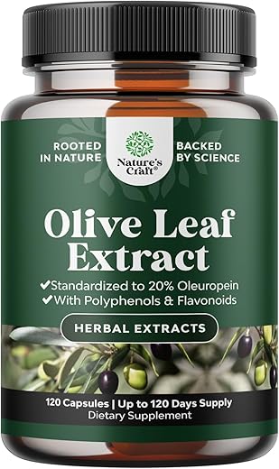 Natures Craft - Cápsulas de Extrato de Folha de Oliveira Potente – Suplemento Antioxidante de Alta Potência com Folha de Oliveira Pura com 20% de Oleuropeína – Suplemento Herbal para a Saúde do Coração – Vegano Não-OGM