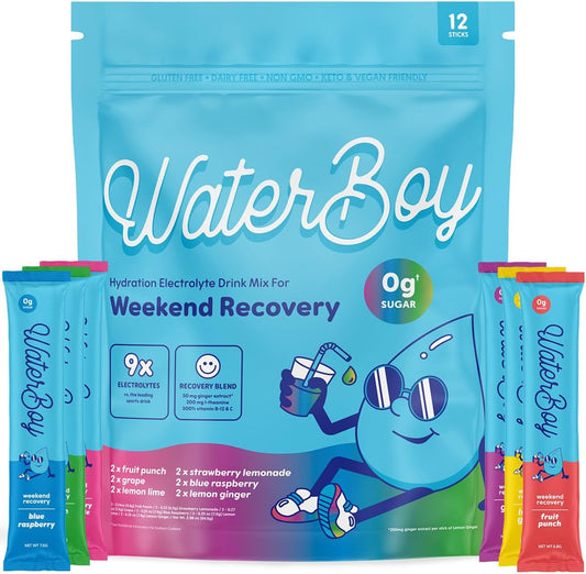 Amostra do Pacote de Recuperação de Fim de Semana Waterboy | Sachês de Pó de Eletrólitos 3.200mg | Vitaminas de Gengibre L-Theanine | Sem Açúcar, 100% Natural, Livre de Glúten | 12 Misturas de Sachês para Bebidas (Amostra)