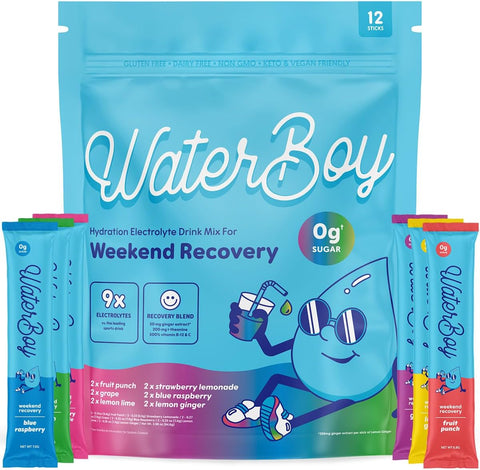Amostra do Pacote de Recuperação de Fim de Semana Waterboy | Sachês de Pó de Eletrólitos 3.200mg | Vitaminas de Gengibre L-Theanine | Sem Açúcar, 100% Natural, Livre de Glúten | 12 Misturas de Sachês para Bebidas (Amostra)