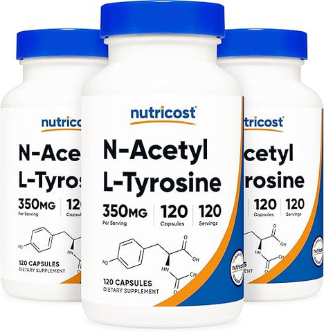 N-Acetyl L-Tyrosine (NALT) 350mg – 120 Cápsulas (3 Frascos) – Livre de Glúten, Não-OGM - Nutricost