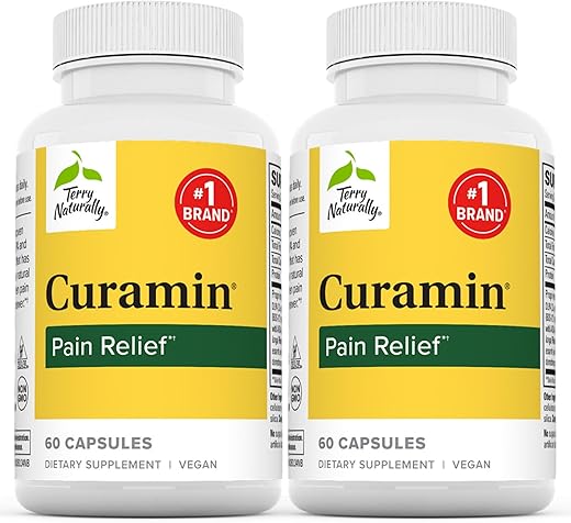 Curamin – 60 Cápsulas, Pacote com 2 – Alívio Não-Viciante da Dor com Curcumina de Cúrcuma, Boswellia, DLPA - Terry Naturally