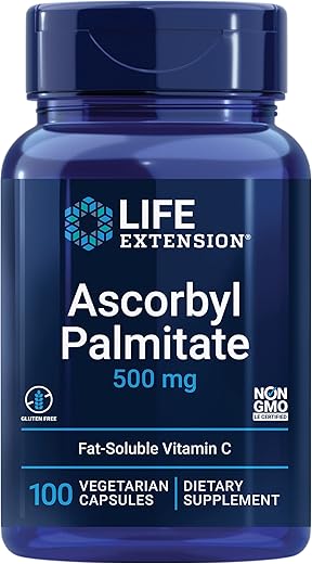 Ascorbyl Palmitate 500mg – Vitamina C Lipossolúvel para Suporte Imunológico e Longevidade – Livre de Glúten, Não-OGM, Vegetariano – 100 Cápsulas - Life Extension