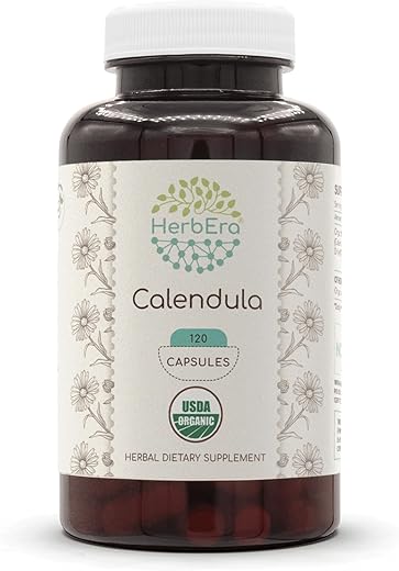 HerbEra - Calendula Orgânica USDA 120 Cápsulas | Suplemento Herbal Natural | Cápsulas Vegetarianas Certificadas Orgânicas e Flor de Calêndula (Calendula officinalis) Seca (120 Cápsulas)