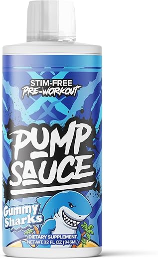 Pump Sauce - Pré-Treino – 946 ml, Tubarões de Goma, Sem Cafeína, Líquido de Espectro Completo, Sem Glúten, Vegano, Zero Açúcar