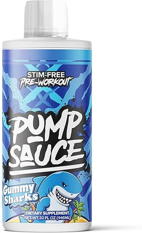 Pump Sauce - Pré-Treino – 946 ml, Tubarões de Goma, Sem Cafeína, Líquido de Espectro Completo, Sem Glúten, Vegano, Zero Açúcar