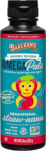 Barlean's - Barlean’s Omega Pals Ômega 3 para Crianças, Saboroso Óleo de Semente de Linhaça Líquido com 1.483 mg de ALA, Vegano, Não-OGM, para o Cérebro das Crianças