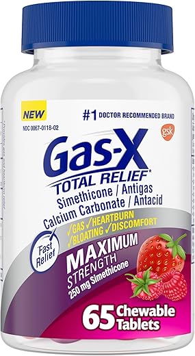 Total Relief – Comprimidos Mastigáveis com Alívio Máximo para Gases Simeticona 250 mg e Alívio para Azia Carbonato de Cálcio 750 mg, Alívio para Inchaço, Frutas Vermelhas – 65 Unidades - Gas-X
