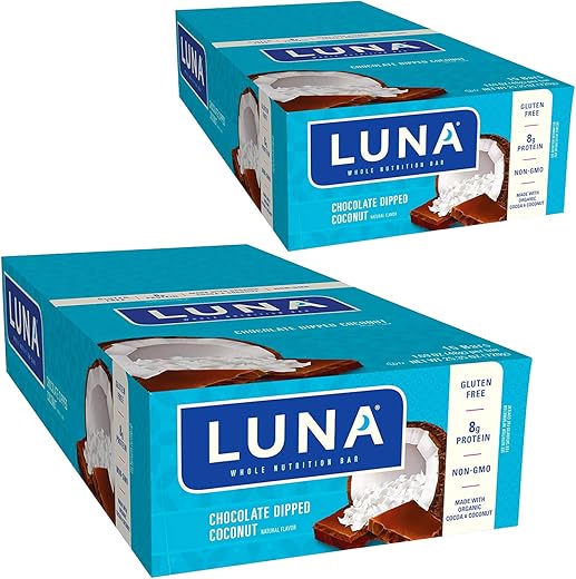 Clif Bar - LUNA BAR – Barras de Lanche sem Glúten – Sabor Coco com Chocolate – 8g de Proteína – Não-OGM – Lanche Saudável à Base de Plantas – Snacks para Levar (Barras de Lanche de 48g, 30 Unidades)