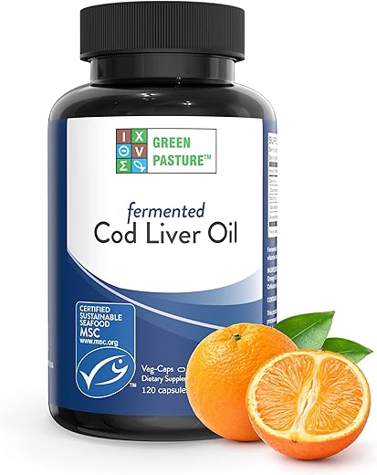 Óleo de Fígado de Bacalhau Fermentado Green Pasture Sabor Laranja 120 Cápsulas – 100% Natural e Rico em Ômega-3