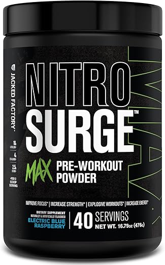 Nitrosurge Max – Pré-treino de Alta Performance com Ingredientes Nootrópicos para Foco Intenso, Bombas Musculares, Energia Suave e Resistência – 40 Porções - Jacked Factory