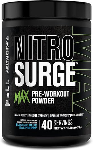 Nitrosurge Max – Pré-treino de Alta Performance com Ingredientes Nootrópicos para Foco Intenso, Bombas Musculares, Energia Suave e Resistência – 40 Porções - Jacked Factory