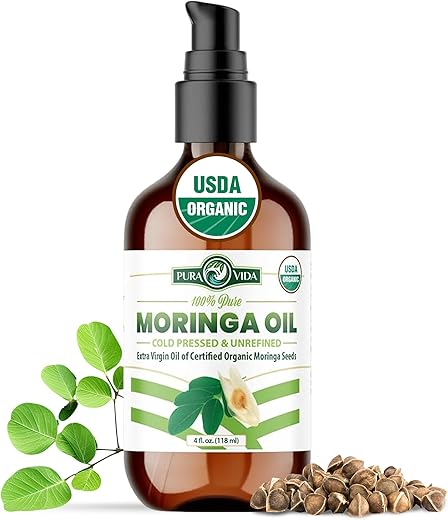 PURA VIDA MORINGA - Óleo de Moringa Orgânico 100% Puro para Rosto, Cabelo, Unhas e Pele Seca – Certificado USDA Extraído de Sementes de Moringa Oleifera de Origem Única – Testado por Terceiros, Extraído a Frio – 30ml