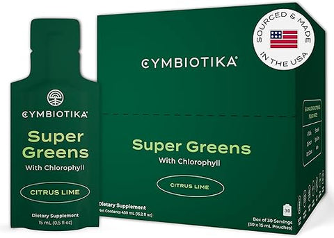 Super Greens: Suplemento com Clorofila, Spirulina, Pacotes Diários de Superfood Vegano para Saúde Digestiva, Desintoxicação, Energia e Suporte Imunológico, Sabor Limão Citrus, 15g - CYMBIOTIKA