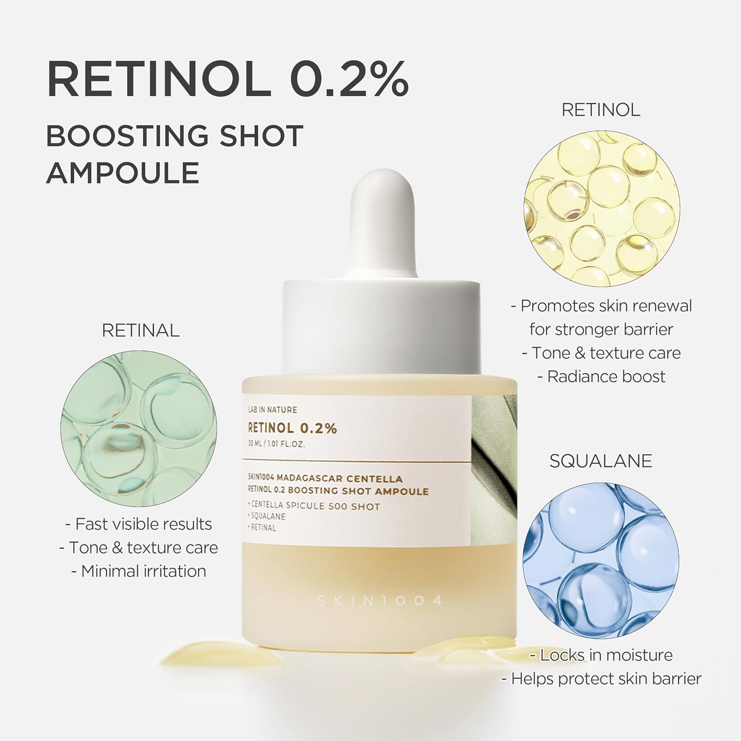 SKIN1004 Retinol 0.2% Boosting Shot Ampoule, Face Serum for Skin Elasticity, Facial Spicule Serum with Retinol & Retinal, Centella Ampoule for Fine Lines & Firmness, Korean Skin Care, 1.01fl.oz / 30ml