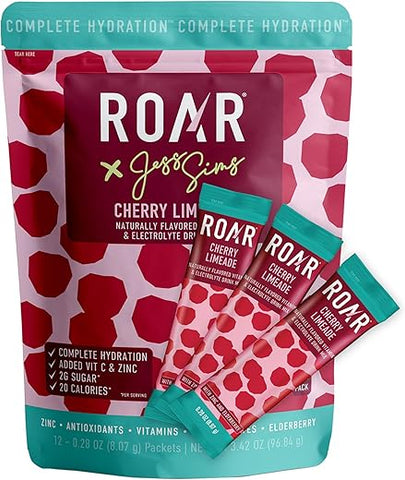 Roar Organic - ROAR Pó Completo de Hidratação Plus – Sachês de Hidratação com Zinco e Sabugueiro – Pó de Eletrólitos Sem GMOs, Sem Glúten – Sabor Limonada de Cereja – 12 un
