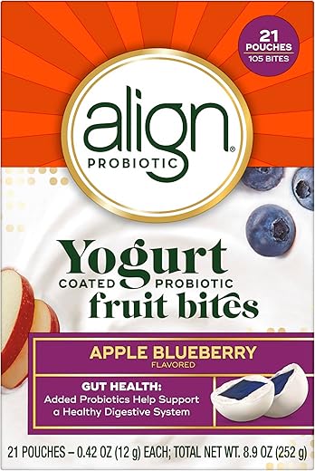 Probiótico, Mordidas de Frutas Probióticas com Cobertura de Iogurte, Probiótico Adicionado Ajuda a Apoiar a Saúde Digestiva, 21 Pacotes, 105 Mordidas - Align