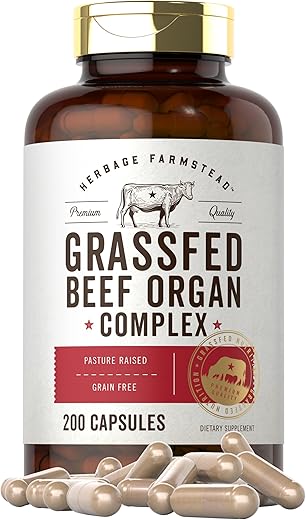 Complexo de Órgãos de Carne Bovina Alimentada com Capim | 200 Cápsulas | Suplemento Livre de Grãos, com Fígado, Rim, Pâncreas, Coração, Baço Desidratados | Não-OGM, Sem Glúten | por Carlyle - Carlyle