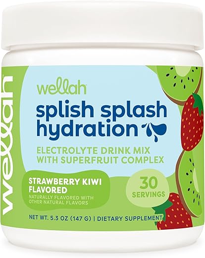 Wellah - Mistura Hidratante de Eletrólitos Splish Splash (Sabor Morango Kiwi, 30 Porções) – Bebida Energética | 30 Porções | Hidratação e Energia