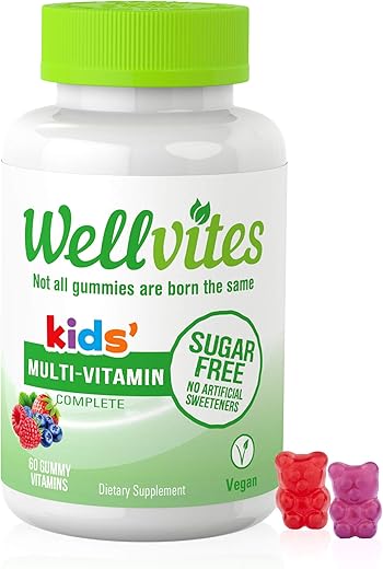 Wellvites - Vitaminas Infantis em Gomas – Sem Açúcar, Vegano, Não-OGM – Vitaminas para Crianças – Vitamina A, D, B6, B12 e C – Sem Adoçantes Artificiais, Sem Glúten, Sem Gelatina – 60 Unidades (30 Dias)