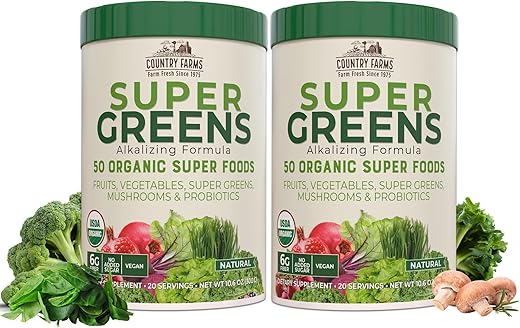 Super Greens: 50 Alimentos Orgânicos, Mix de Bebida Orgânica, Sabor Natural, Frutas, Vegetais, Super Greens, Cogumelos – 50g - COUNTRY FARMS