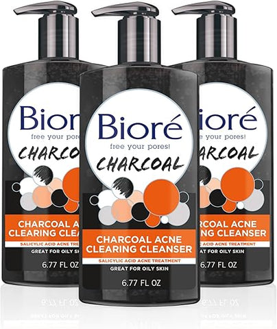 Limpeza Facial de Carvão Ativado para Acne com 1%% de Ácido Salicílico e Carvão Natural, Previne Espinhas e Absorve Oleosidade para Limpeza Profunda dos Poros, 200ml (3 Unidades) - Bioré