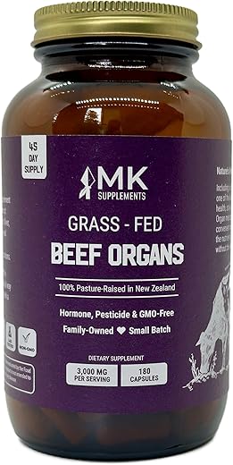 Órgãos de Boi Alimentados com Grama 3000 mg, 180 Cápsulas de Órgãos de Boi, Multivitamínico, 100%% Criados em Pasto na Nova Zelândia, Suprimento de 45 Dias, Fígado, Coração, Rim, Baço, Pâncreas - MK Supplements