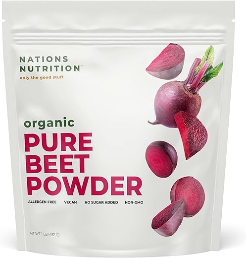 Nations Nutrition - Pó de Beterraba Orgânica Pura – Superfood de Circulação de Óxido Nítrico, Apoia o Fluxo Sanguíneo – 100g