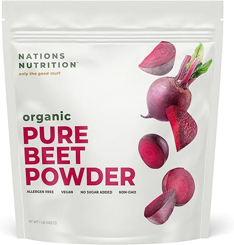 Nations Nutrition - Pó de Beterraba Orgânica Pura – Superfood de Circulação de Óxido Nítrico, Apoia o Fluxo Sanguíneo – 100g