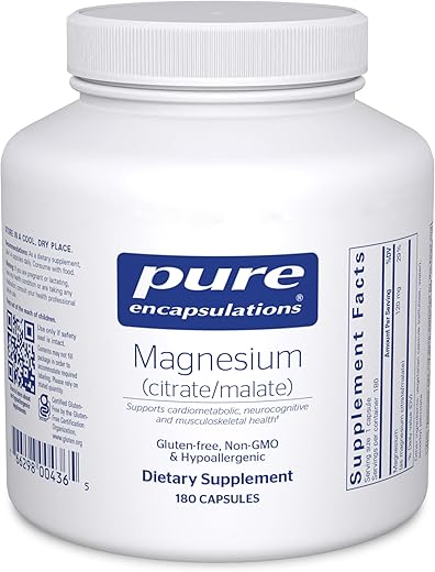 Suplemento de Magnésio (Citrate/Malate) da Pure Encapsulations – Suporte à Utilização de Nutrientes, Energia e Ossos