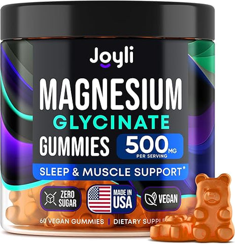 JOYLI Nutrition - Glicinato de Magnésio Gummies – 500MG de Magnésio Glicinato em Comprimidos Mastigáveis para Sono Vitamina B6, B12, D3 – Suplemento de Magnésio para Adultos, Crianças – Magnésio para Mulheres – 60